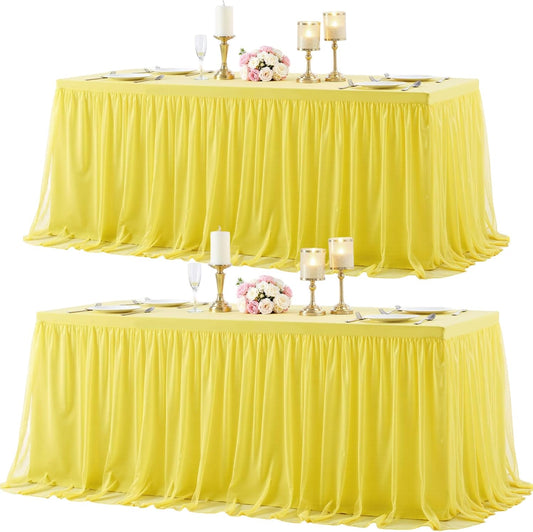 2 Pack Yellow Tulle Tablecloth for 6 Foot Rectangular Tables 6ft Yellow Rectangle Table Cloths Wrinkle Free Table Cover with Tutu Skirt for Birthday Cocktail Banquet Buffet Lemon Fruit Party Decor