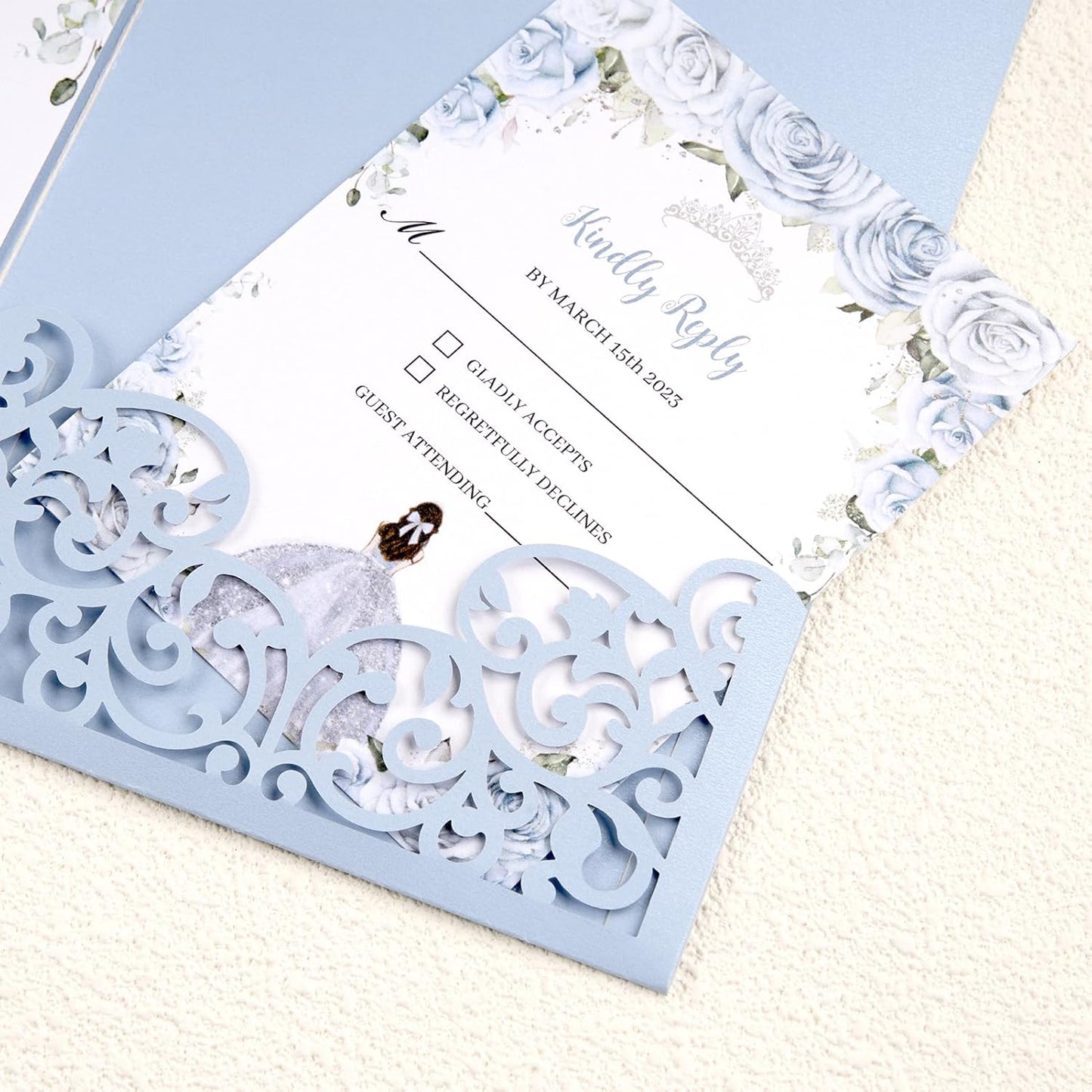 Laser Cut Wedding Invitations Haze Blue Tri-Fold Personalized Birthday Invitations 50Pcs with Envelops and RSVP Cards for Wedding Bridal Shower Quinceanera Engagement Party Invite