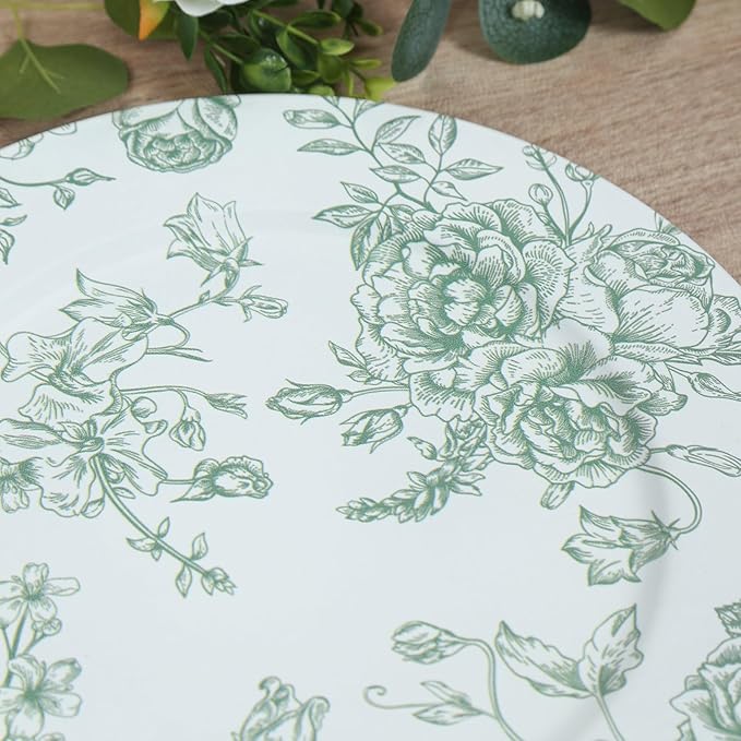 Efavormart 6 Pack Floral Acrylic Charger Plates in French Toile Pattern, White Sage Green Round Dinner Charger Event Tabletop Decor - 13"