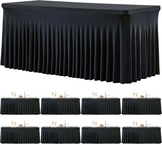 8 Pack Spandex Black Fitted Table Cloth for 6ft Rectangle Tables Black Stretch Tablecloth Table Covers Skirt Banquet Wrinkle Free Tablecloths for Parties Wedding