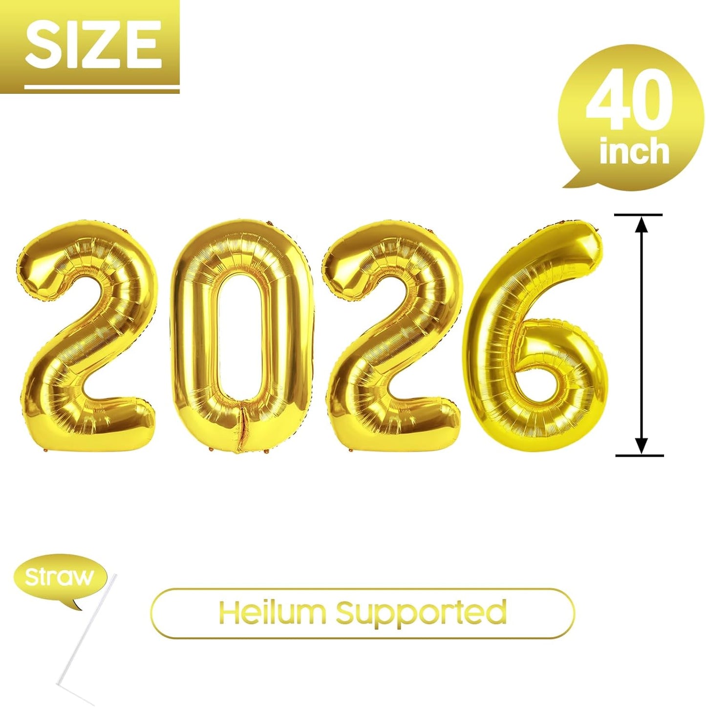 2026 Balloon - Gold Birthday Number Balloons, 40 Inch Large Foil Balloons for Men Women Boys Girls Gold Themed Birthday Decorations，Number 2026 Balloon
