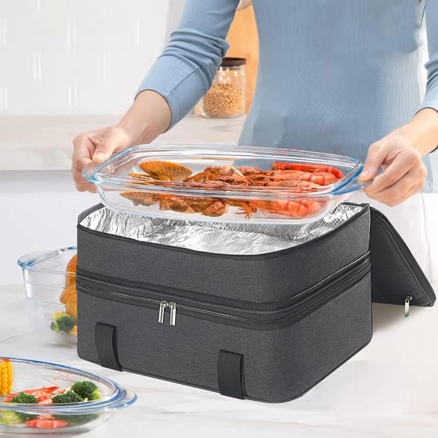 Double Decker Insulated Casserole Carrier for Hot or Cold Food, Insulated Casserole Dish Carrier for Potluck Parties, Picnic, Cookouts, Fits 9"x13" Baking Dish