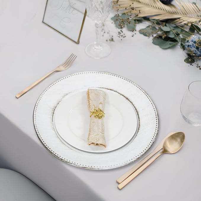 MAONAME 13" Round Charger Plates Set of 6, Antique White Plate Chargers, Plastic Charger for Dinner Plates, Beaded Table Chargers for Wedding, Party