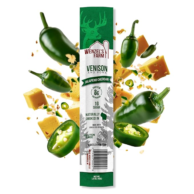 Wenzel’s Farm Jalapeno Cheddar Venison Snack Sticks 8 Pack | Supports Active Lifestyles │ High Protein, Low Carb │ No MSG, Fillers, Binders, Artificial Colors │ Gluten Free