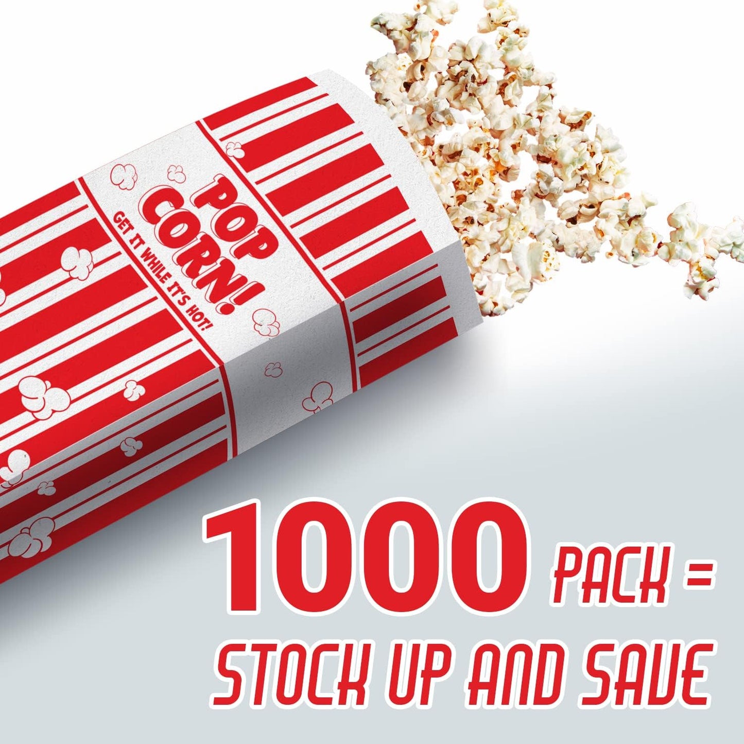 Popcorn Bags Coated for Leak/Tear Resistance. Single Serving 1oz Paper Sleeves in Nostalgic Red/White Design. Great Movie Theme Party Supplies or for Old Fashioned Carnivals & Fundraisers! (1000)