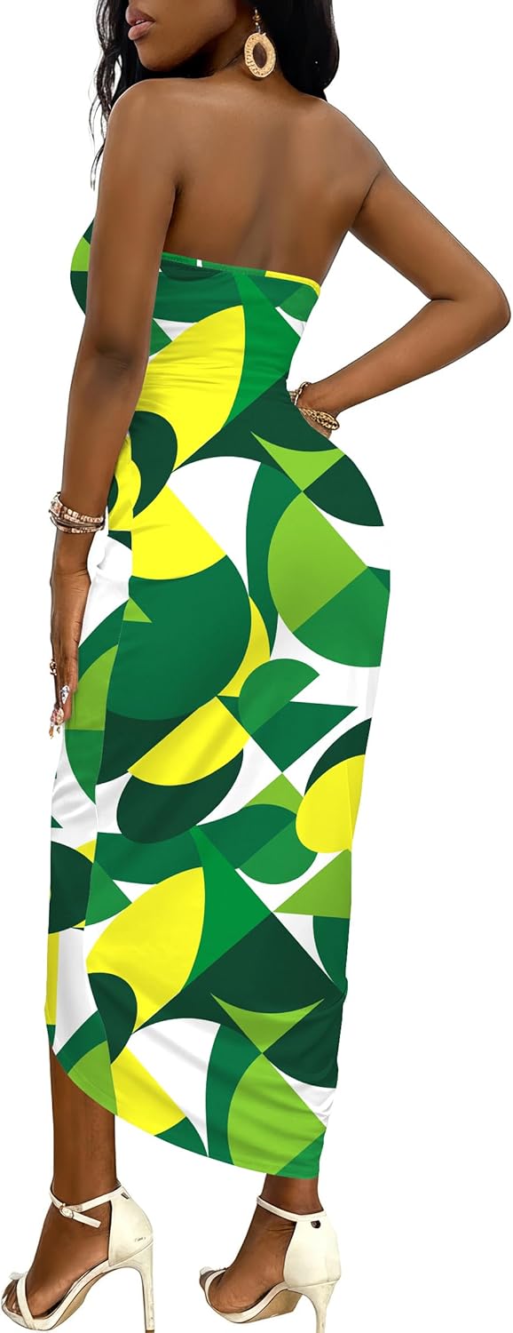 Umenlele Women's Strapless Ruched High Waist Wrap Split Asymmetrical Beach Maxi Long Dress