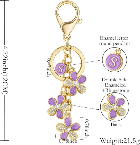 XGALBLA Cute Flower Crystals Rhinestone Initial Letter Keychain for Women, Bag Charms Bling Sparkly Enameled Keychain Handbag