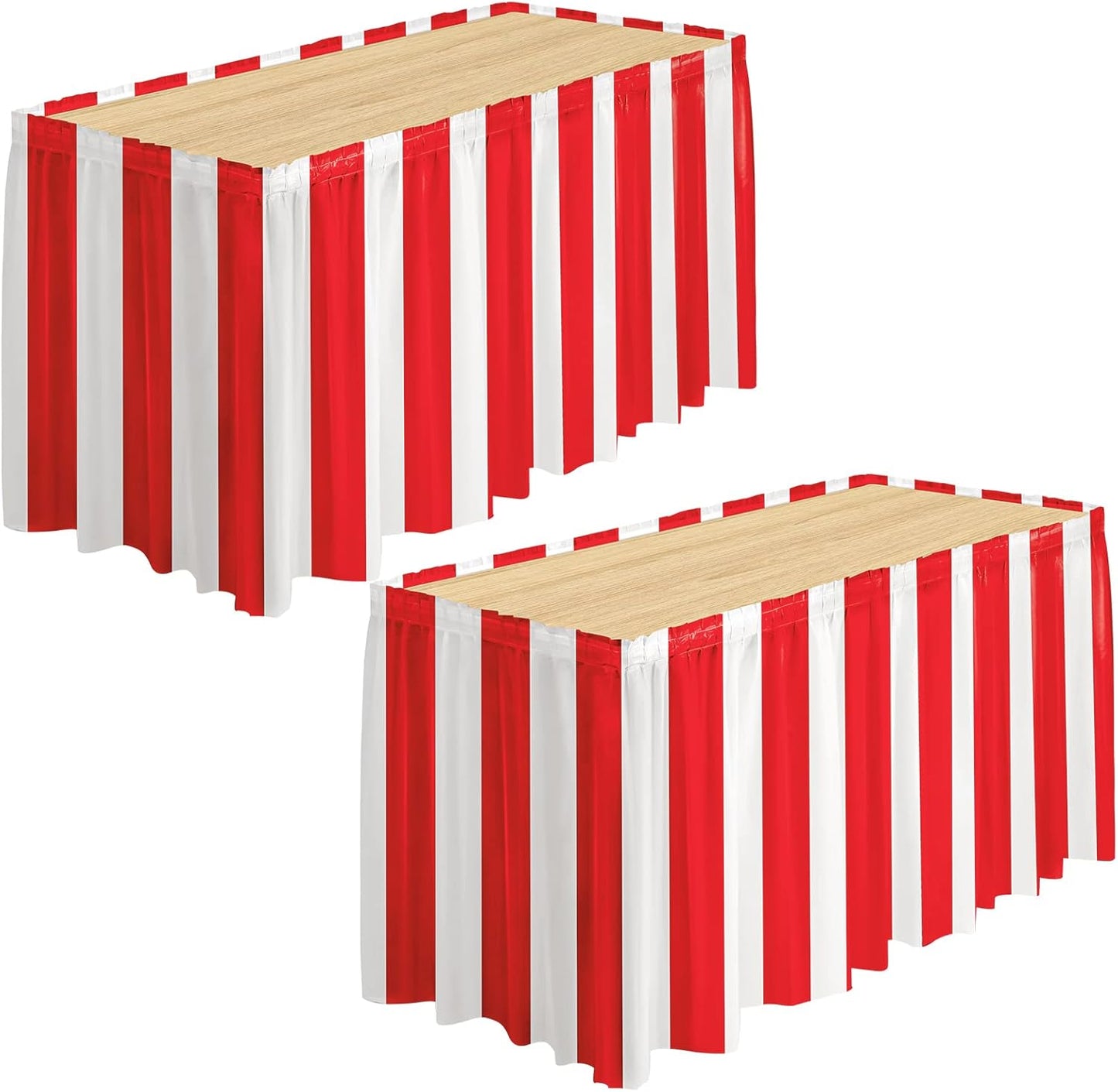 durony 2 Packs Red and White Striped Table Skirt Circus Theme Party Supplies Carnival Table Skirt for Carnival Home Party Decoration, 165 x 30 Inches