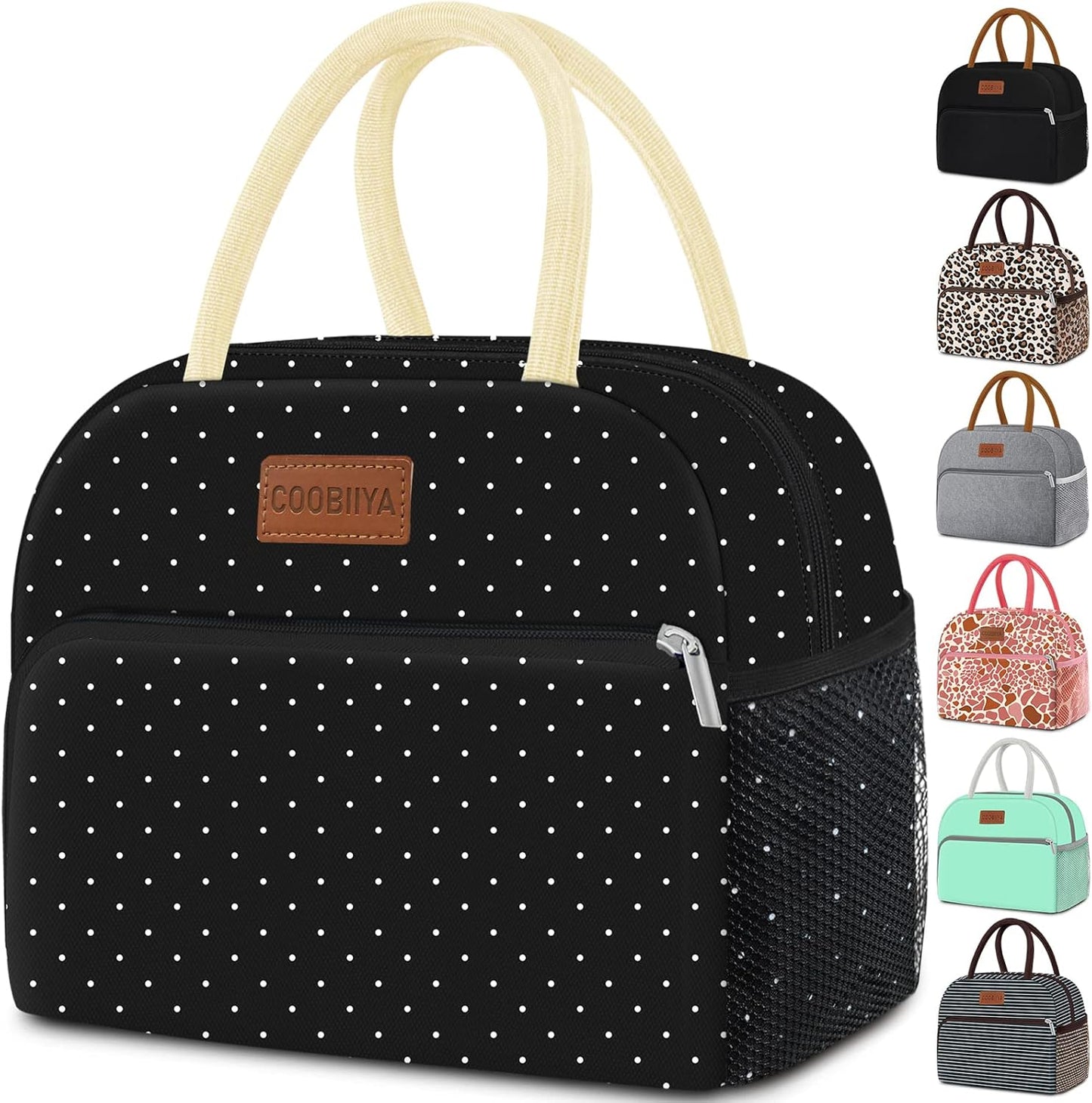 Coobiiya Lunch Bag Women,Lunch Box LunchBag for Women Adult Men, Small Leakproof Cute Lunch Tote Large Capacity Reusable Insulated Cooler Lunch Container for Work/Office/Picnic/Travel-Black Polka Dot