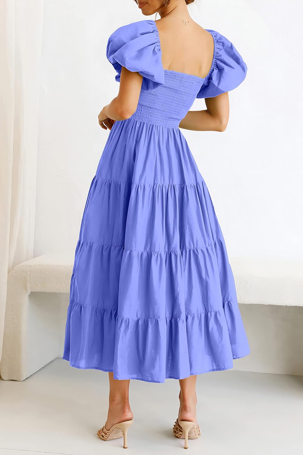 PRETTYGARDEN Women's Casual Summer Midi Dress Puffy Short Sleeve Square Neck Smocked Tiered Ruffle Dresses