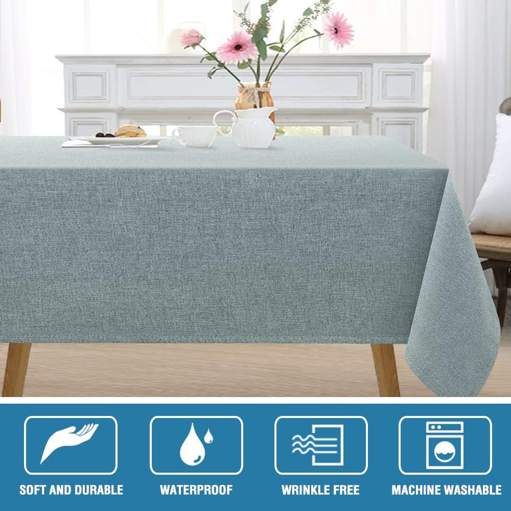 H.VERSAILTEX Linen Textured Tablecloth 60 x 120 Waterproof Decorative Table Cloth Spill-Proof Linen Look Cover for Party Table Extra Soft and Thick Fabric Wrinkle Free, Heather Aqua Gray
