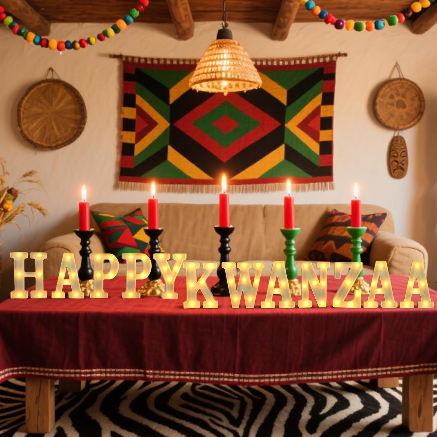 11 Pcs Happy Kwanza Large LED Letter Sign LED Lights Battery Powered Table Decorations for Party Favor Light Centerpiece Tabletop Decoration