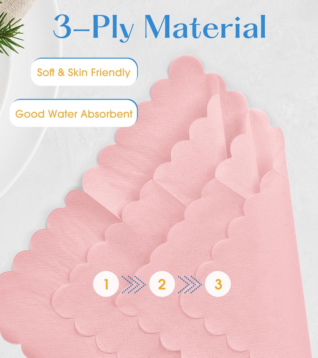 100 Pack Cocktail Napkins, 3-Ply Scalloped Edged Wedding Napkins Folded 5 x 5 Inches Dessert Napkins, Disposable Napkins for Dinner Birthday Party Bridal Anniversary Baby Shower Reception (Pink)