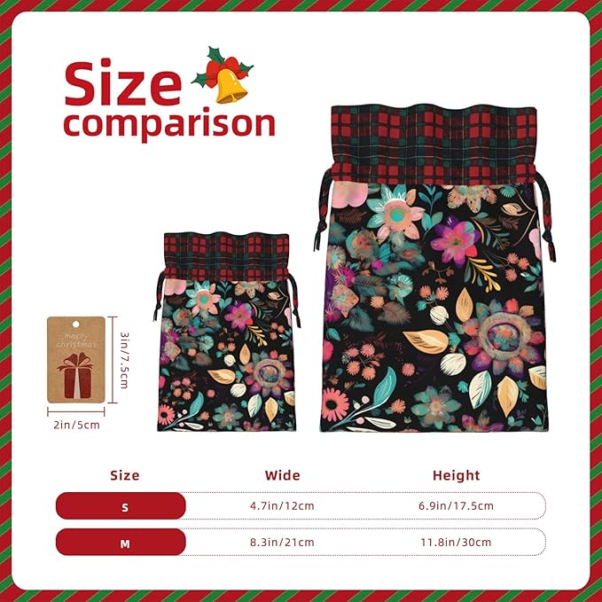 PULaif Colorful Boho Florals Christmas Drawstring Gift Bags, Large Size Christmas Bags For Gifts Party Favors, Xmas Gift Bags