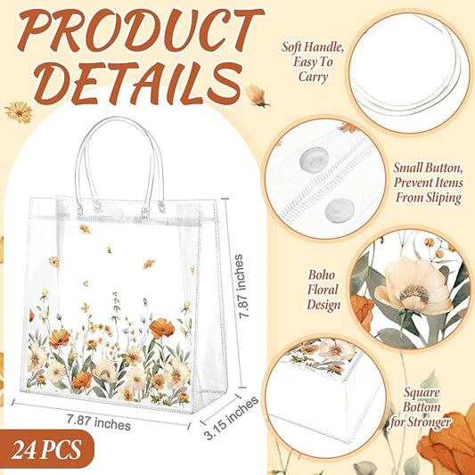 Resholder 24 Pcs Boho Flower Clear Gift Bags Wild Floral PVC Treat Tote with Handle Fall Thanksgiving Goodie Gift Bags for Wedding Birthday Baby Shower Bridal Tea Party Supplies, 8 x 8 x 3.15 Inch
