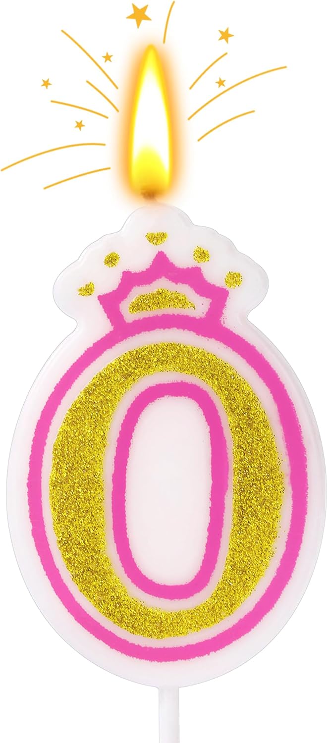 Birthday Number Candles, Number 0 Pink Giltter Candles for Cake, Candle Cake Topper with Sequins for Anniversary Celebrations Supplies (Number 0)