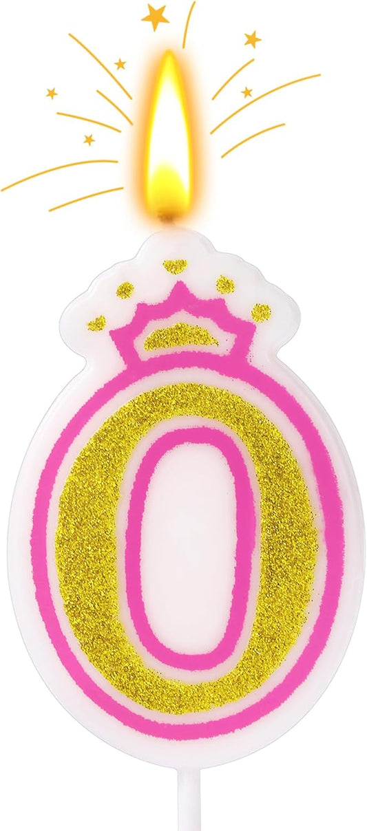 Birthday Number Candles, Number 0 Pink Giltter Candles for Cake, Candle Cake Topper with Sequins for Anniversary Celebrations Supplies (Number 0)