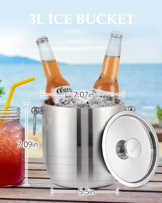 Insulated Ice Bucket, 3L Double Wall Stainless Steel Ice Bucket with Tongs,Lid, Scoop and Strainer, Ice Buckets for Parties,Cocktail Bars, Chilling Beer, Champagne, Wine Bottles