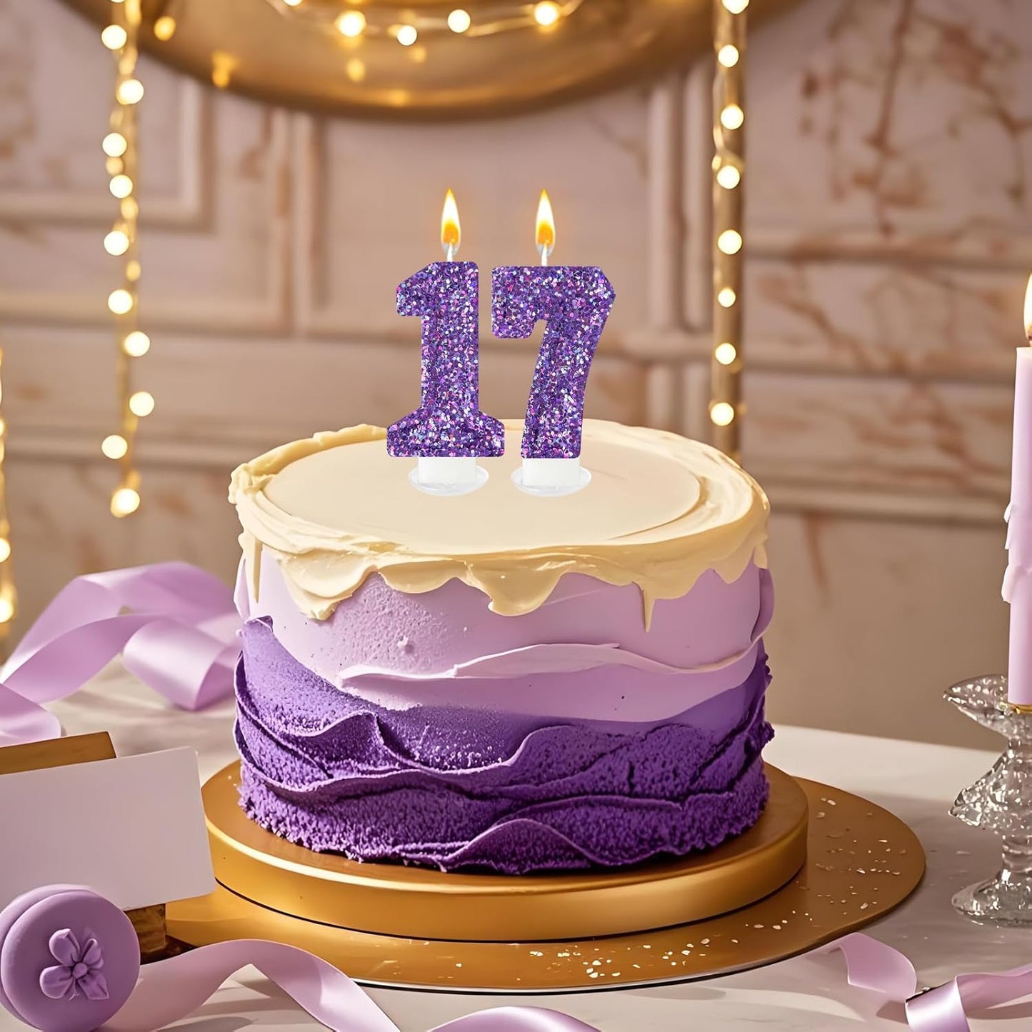 Birthday Number Candles, Glitter Number Candle Cake Decorations with Sequins, Cupcake Decorations for Girls, Women, Party Anniversary Celebrations (Number 7, Purple)