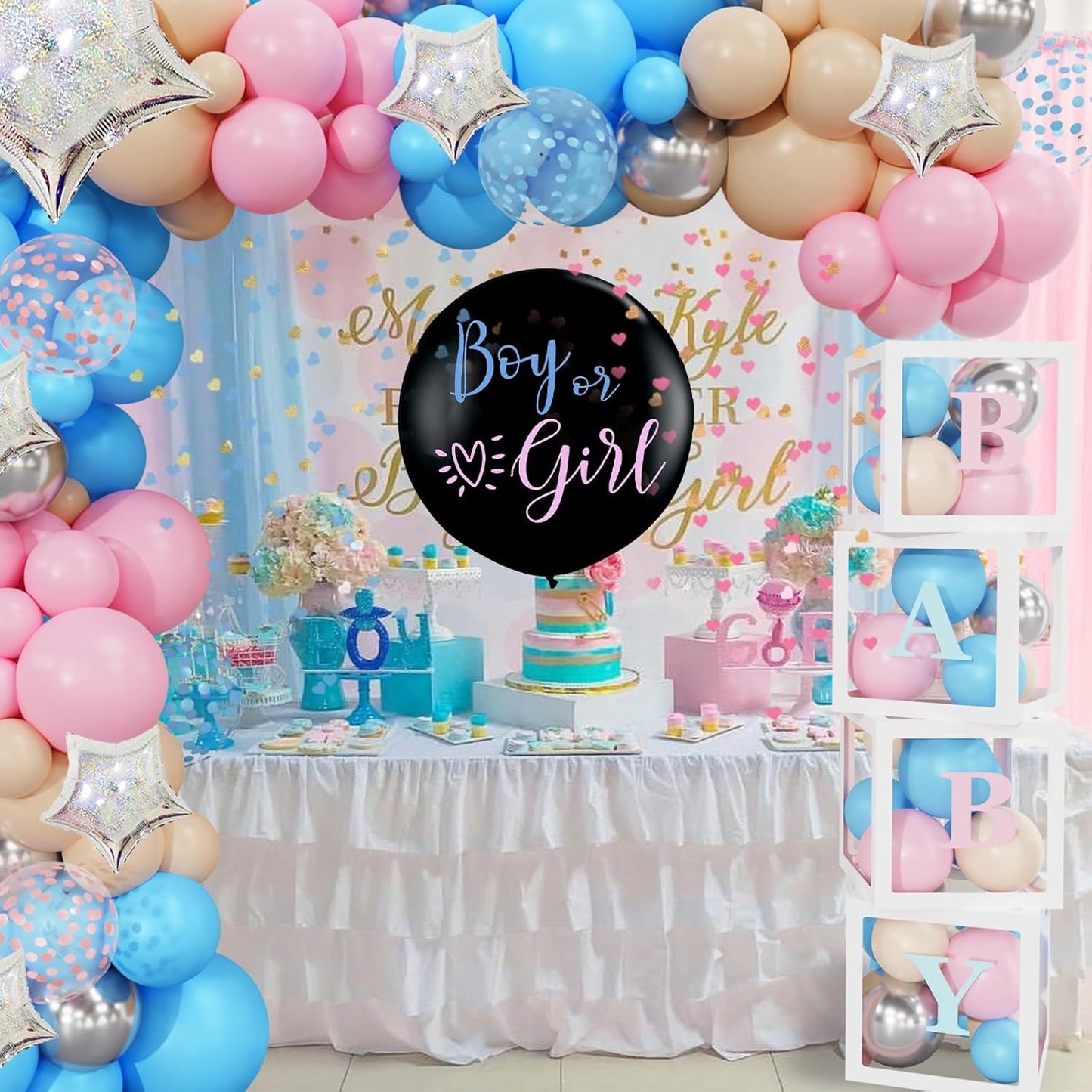 Amandir 164PCS Baby Boxes Gender Reveal Balloon Decorations, Pink and Blue Balloon Garland Kit 4pcs Boxes with Letters for Baby Shower Birthday Boy or Girl Gender Reveal Party Supplies