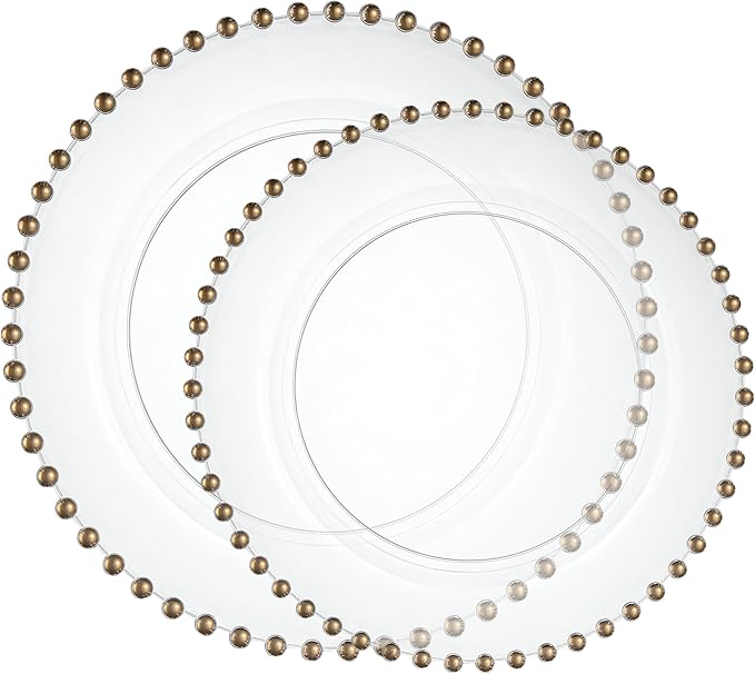 PLASTICPRO 64 Piece Combo Plastic Dinner Plates Disposable Plastic Fancy Heavy Duty Party Dishes 7 inch and 10 inch, Clear and Gold Beaded