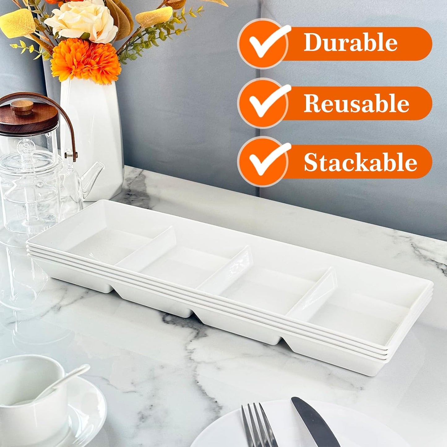 Divided Serving Tray Platter, 3 Pack 17.6" x 6" Fruit Veggie Food Tray for Party, Plastic Serving Trays for Appetizer, Snack, Dessert, Cookie, Brunch Decorations Platters, White Trays BPA-Free