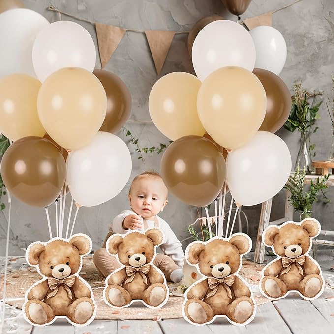 4 Sets Balloon Stand Kit for Table Bear Baby Shower Tables Centerpieces with Balloon Boy Baby Shower Decorations for Bear Theme Gender Reveal Birthday Party Table Decorations Supplies (Brown Bear, 4)