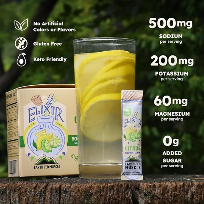 Earth Fed Muscle Elixir Citrus Electrolytes Powder Packets – Sugar-Free Electrolytes, Gluten Free, Zero Calorie Hydration Drink Mix with Himalayan Salt, 3X Electrolytes - 30 Sticks