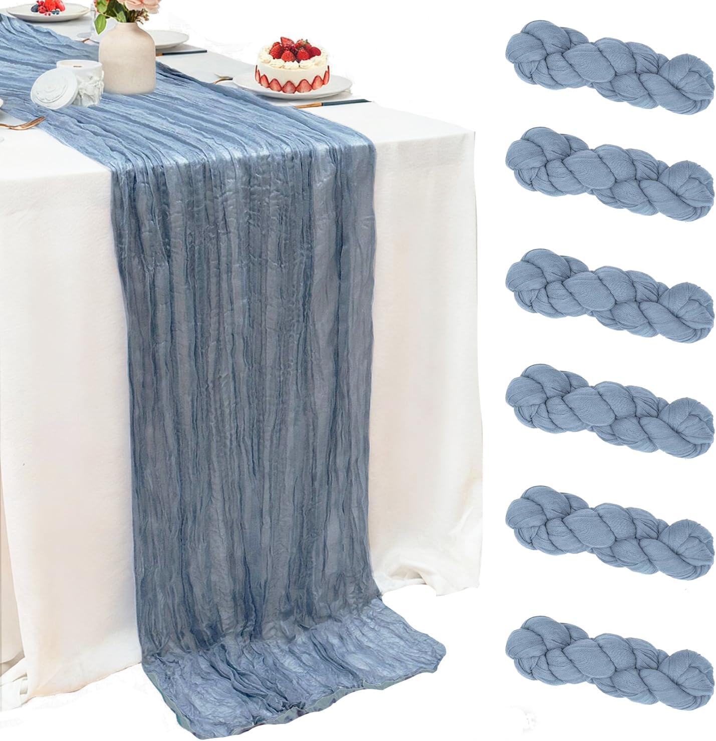 6 Pack Dusty Blue Cheesecloth Table Runner 35x120 Inch Boho Gauze Table Runner, Rustic Sheer Cheese Cloth Fabric Table Runners for Parties, Baby Shower, Birthday and Weddings
