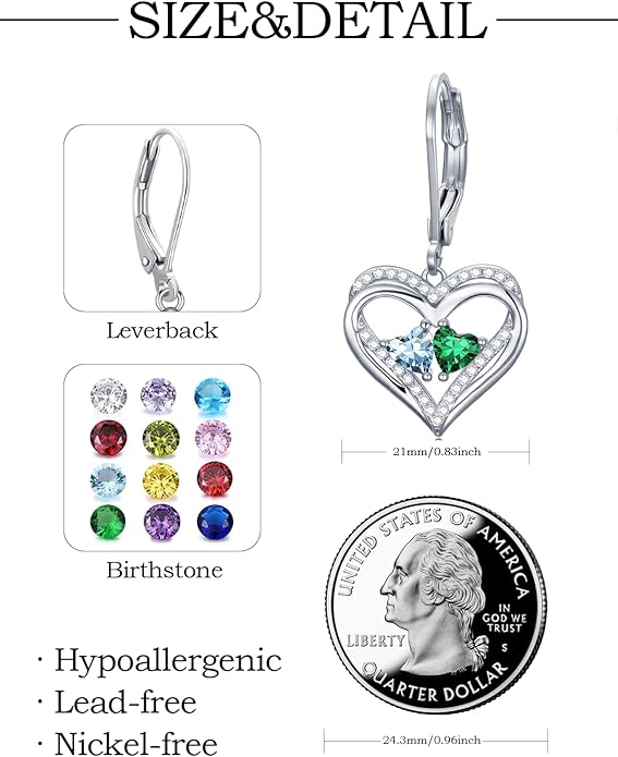 Valentines Day Gifts for Women, Heart Leverback Earrings Double Birthstone Dangle Earrings for Women, Love Jewelry for Her, Anniversary Birthday Gift for Mom Wife Girlfriend