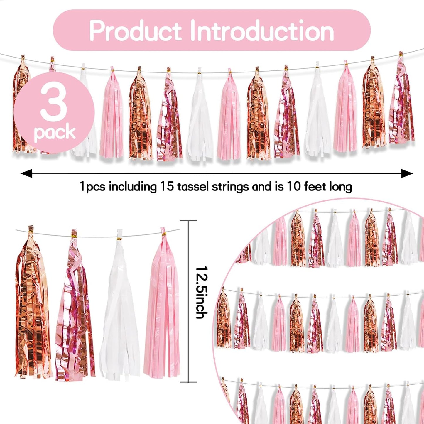 BEISHIDA 3 Packs White Pink Rose Metallic Foil Fringe Tassel Garland, Tassels Banner Streamers for Car Floats Bridal/Baby Shower Birthday Wedding Halloween Christmas Holiday Party Decoration