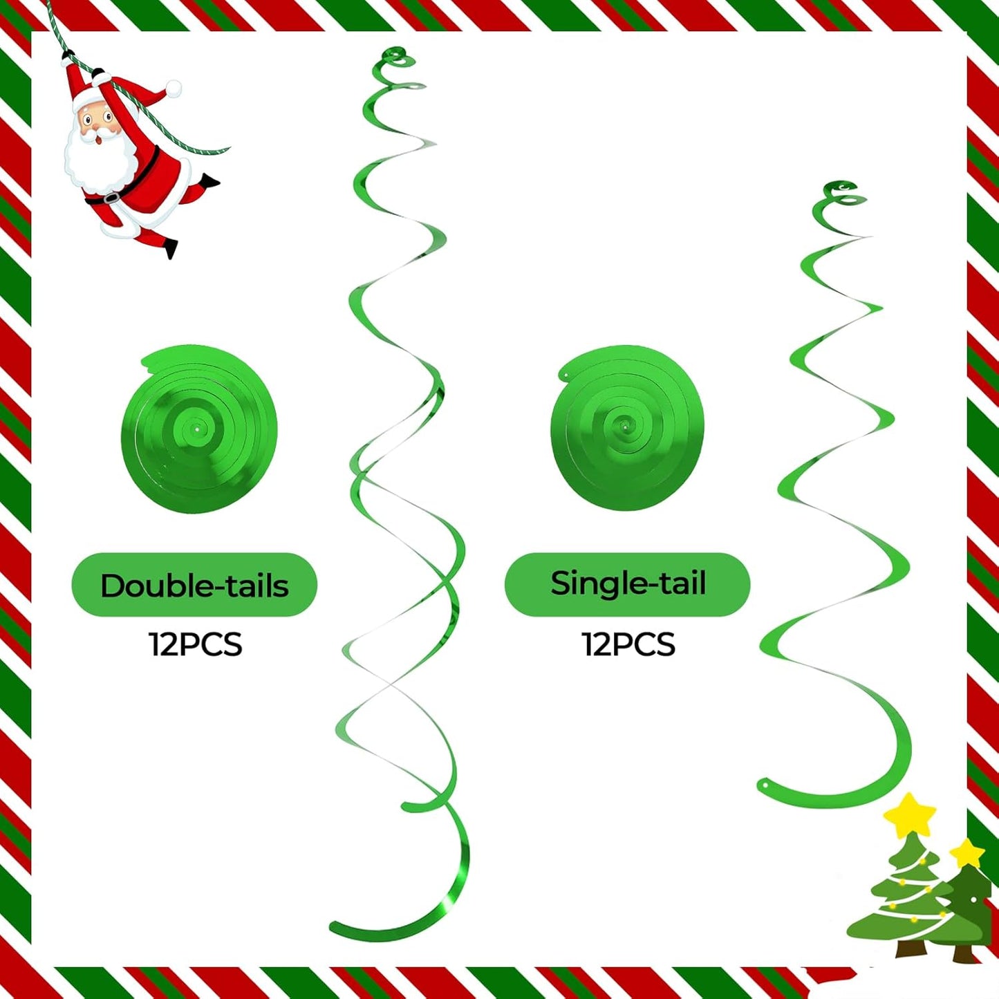 24 PCS Green Hanging Swirl, Sparkle Ceiling Hanging Decorations, Plastic Streamer Party Decorations with Double-Swirls and Single-Swirls for Birthday Decorations, Christmas，Graduation, Baby Shower