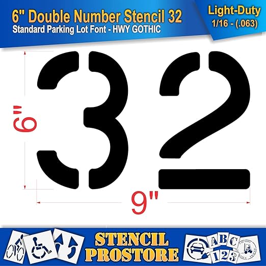 Pavement, Curb, and WheelStop Stencils - 6 inch Double Number Stencil - (32) - 6" x 9" x 1/16" (63 mil) - Light-Duty