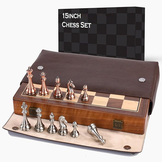 15 Inch Walnut Chess Board Set for Adults Kids Metal Chess, Folding Portable Travel Chess Game for Tournament Professional Beginner with Manual
