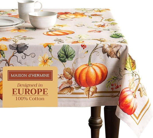 Maison d' Hermine Table Cloth Rectangle Table 100% Cotton 60 x 120 Inches Fall Tablecloth Reusable Everyday Use for Thanksgiving Christmas Decorations Dining Farmhouse Party (Potiron)