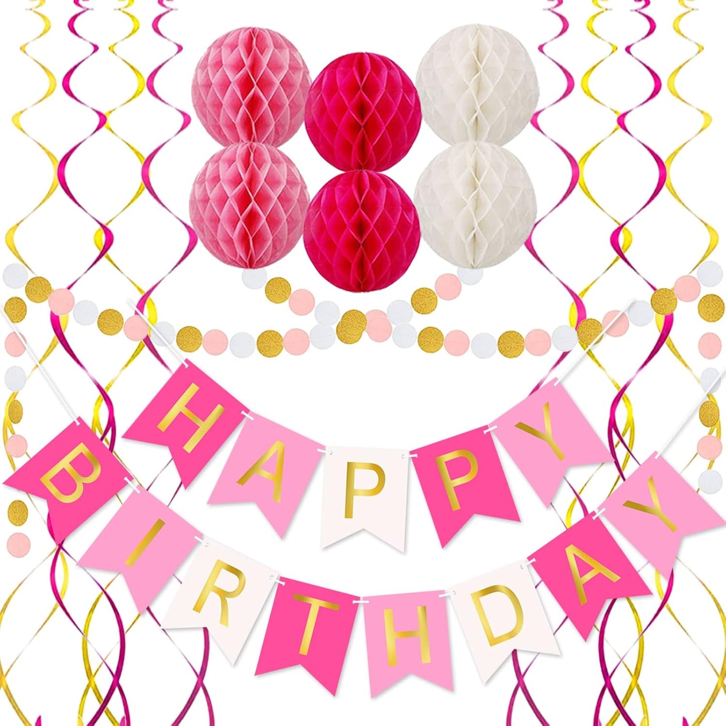 Pink Birthday Decorations with Happy Birthday Banner, Paper Honeycomb Balls, Circle Garland and Hanging Swirl Decorations