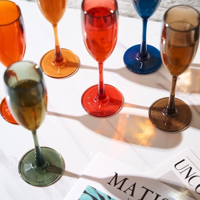 European Style Plastic Acrylic, Champagne Flutes Glasses | Set of 6 | Colored Reusable Toasting Cups 100% Tritan Drinkware, 5 oz Dishwasher Safe BPA-free plastic, Perfect Poolside & Outdoors,