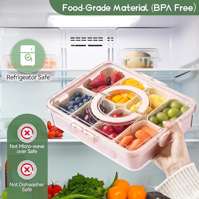 Snackle Box Container, Divided Serving Tray with Lid and Handl 8 Compartments Snacks Box,Candy Snack Fruit and Veggie Tray, Suitable for Picnics Trips Parties and Holidays