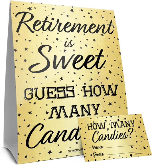 DISTINCTIVS Retirement Party Games - Guess How Many Candies in The Jar Game - 1 Sign and 30 Guessing Cards