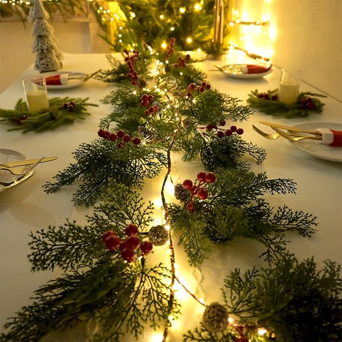 2025 New 6.56FT Christmas Garland Lights with 96 LED 8 Flash Modes Battery Operated Cypress Garland with Timer Lighted Xmas Pine Garland Christmas Decor for Mantle Fireplace Table Stairs Holiday