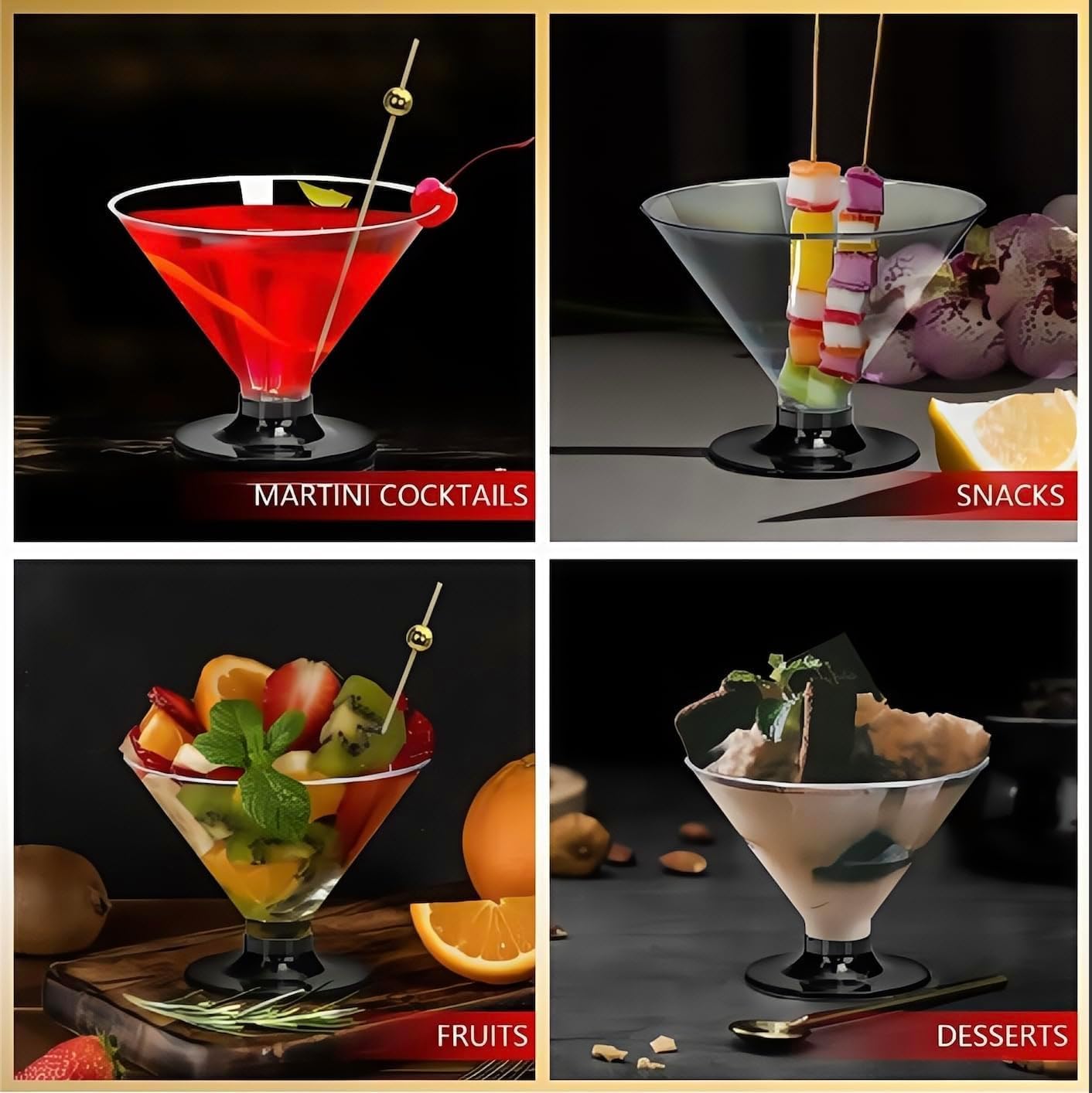 50 Clear Disposable Plastic Martini Glasses for Parties 5oz, with 100 Cocktail Picks Bundle, Martini Cups for Wine Ice Cream Fruit
