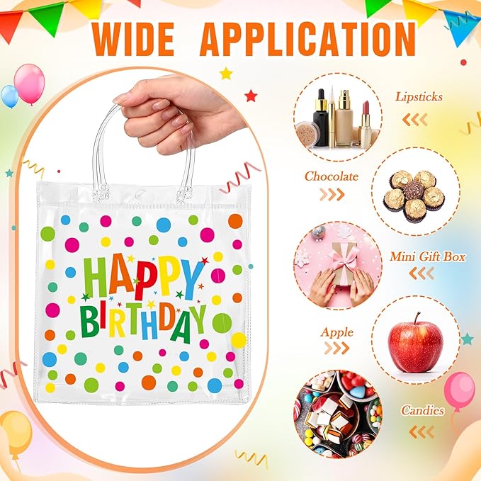 Kacctyen 24 Pcs Birthday Gift Bags for Party Favor Clear Birthday Goodie Bags with Handle 7.87 x 7.87 x 3.15 Return Gift Wrap Totes for Guests Treat Candy Wrapping