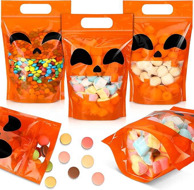 Blosssound 50 Pcs Halloween Plastic Bags Trick or Treat Sealed Bags with Handles Pumpkin Favor Pouches for Home Trick or Treat Party Candy Guests Gift Wrapping Supplies Decor (Halloween)
