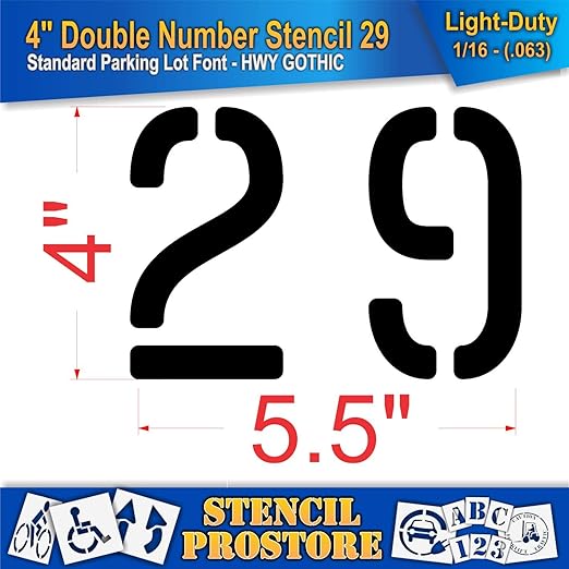 Pavement, Curb, and WheelStop Stencils - 4 inch Double Number Stencil - (29) - 4" x 5.5" x 1/16" (63 mil) - Light-Duty