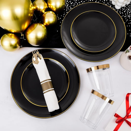 KIRE 350 PCS Plastic Dinnerware Set for 50 Guests - Black and Gold Plates 50 for Dinner 50 for Dessert & 50 Pre Rolled Napkins with Disposable Silverware 50 Cups for New Year/Banquet/Wedding