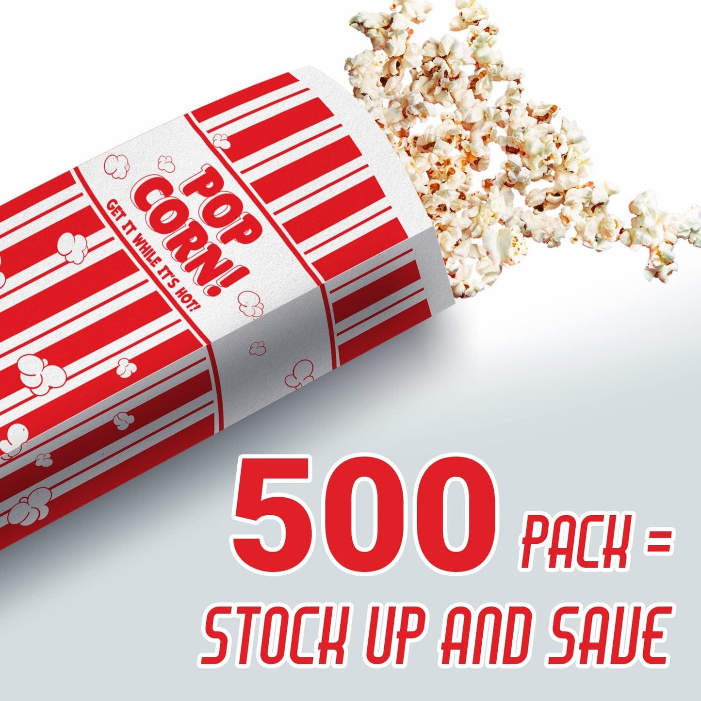 Popcorn Bags Coated for Leak/Tear Resistance. Single Serving 1oz Paper Sleeves in Nostalgic Red/White Design. Great Movie Theme Party Supplies or for Old Fashioned Carnivals & Fundraisers! (500)