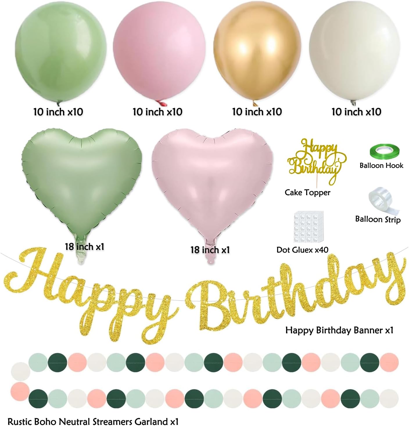 Sage Green Pink Birthday Decorations - 62pcs Happy Birthday Banner, Olive Retro Beige Paper Lanterns Pom Poms, Green Pink Balloons , Neutral Streamers Garland, Birthday Decorations for Women Girl Boys