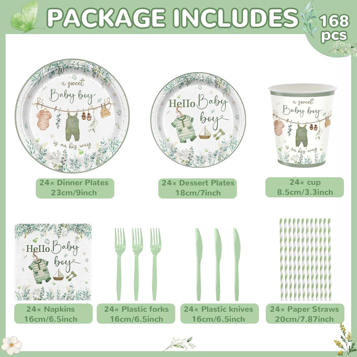 168PCS Greenery Baby Boy Party Supplies A Sweet Boy Is On His Way Party Decorations Watercolor Woodland Babyshower Plates Napkins Cups Forks Knives and Straw Tableware Set Serve 24 Guests