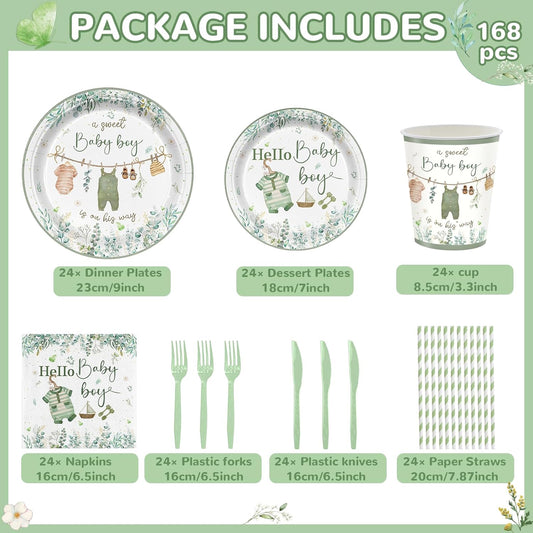 168PCS Greenery Baby Boy Party Supplies A Sweet Boy Is On His Way Party Decorations Watercolor Woodland Babyshower Plates Napkins Cups Forks Knives and Straw Tableware Set Serve 24 Guests