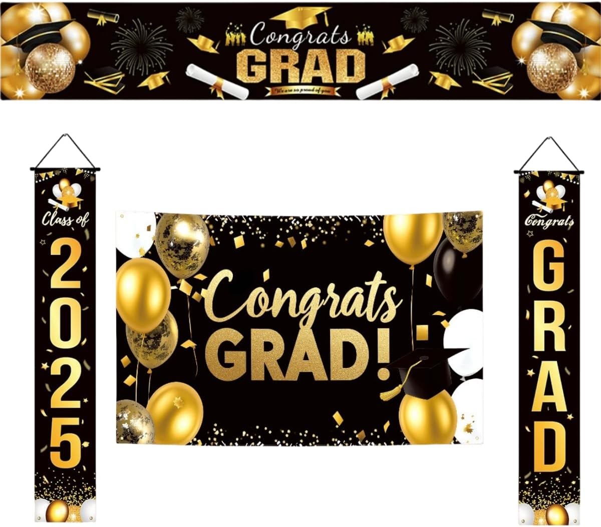 Graduation Party Decorations Set 2025, Black and Gold Porch Banner with Backdrop, Class of 2025 Congrats Grad